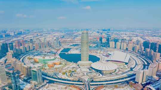 郑州郑东新区如意湖CBD雪景HDR高清视频素材模板下载