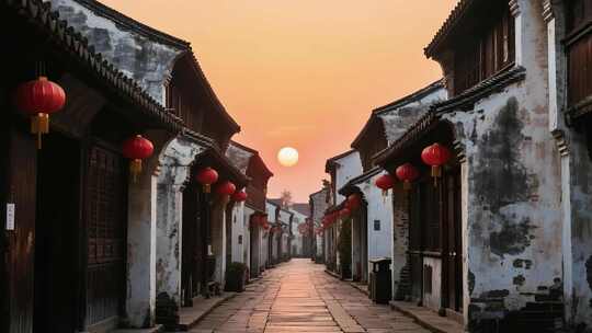 江南古镇夕阳下的古街景象