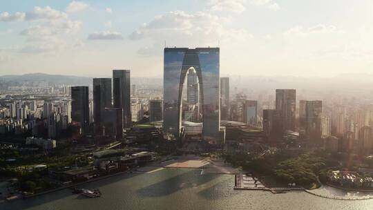 中国江苏苏州金鸡湖畔城市风景视频素材模板下载