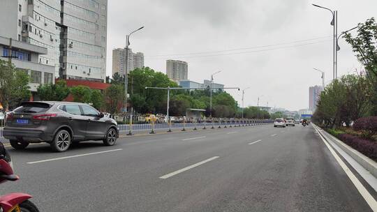 城市道路建筑春天花草树木商铺店面马路汽车