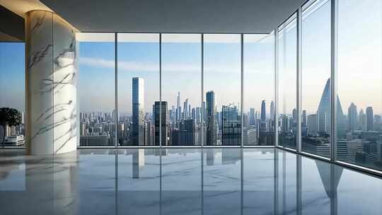 透过窗户看城市建筑群