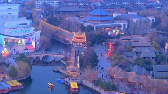 航拍台儿庄古城夜景城门区域