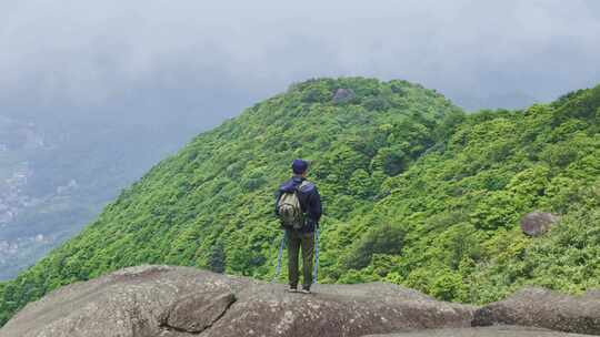 男子山顶持杖眺望山林