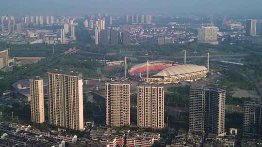 义乌江东梅湖体育场城市风光鸟瞰航拍