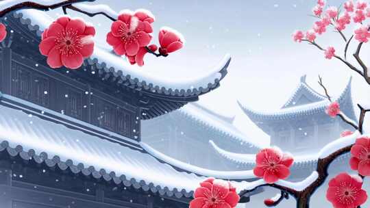 中式古建筑雪景梅花画面