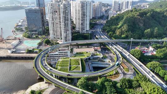 福建厦门城市高架桥交通转盘航拍