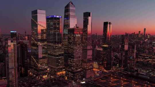 城市航拍曼哈顿哈德逊广场摩天大楼夜景灯光视频素材模板下载