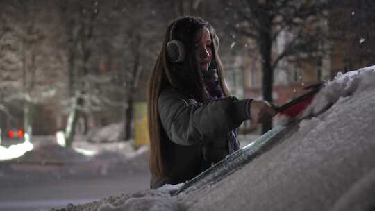 女孩正在扫除车辆上的积雪