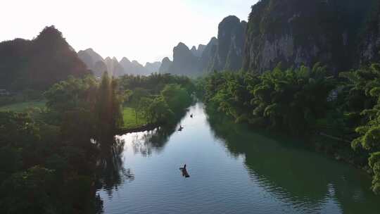 广西桂林阳朔遇龙河竹筏漂流航拍