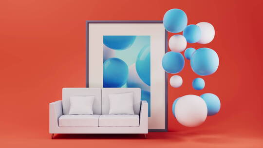 柔软的沙发与球体3D渲染