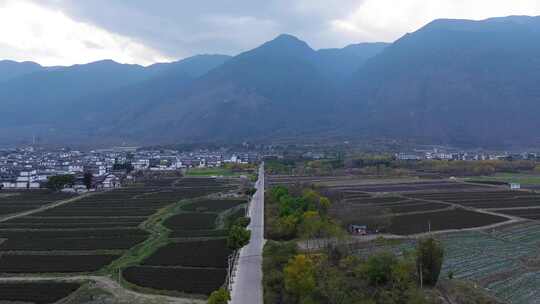 乡村田野与远山航拍全景