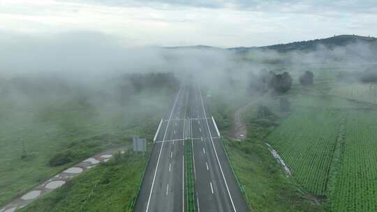 航怕大兴安岭晨雾高速公路行驶的汽车