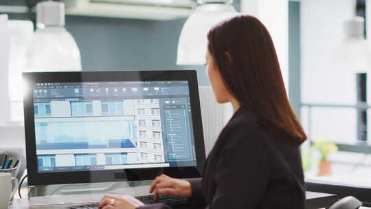 创意开发人员在3d软件上设计建筑模型