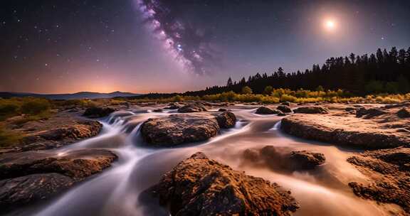 月夜下溪流与星空景观