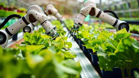 现代农业大棚内智能机器人正在养护蔬菜