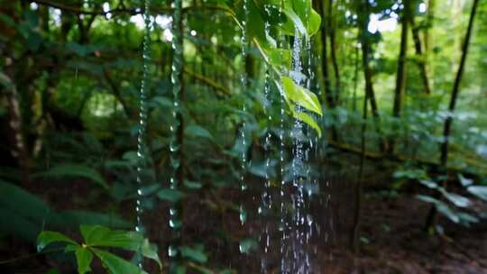 森林中树叶滴水景象