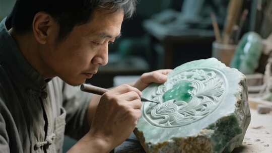 工匠专注雕刻翡翠玉石