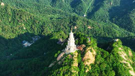 航拍千山绿色山林和大佛寺塔