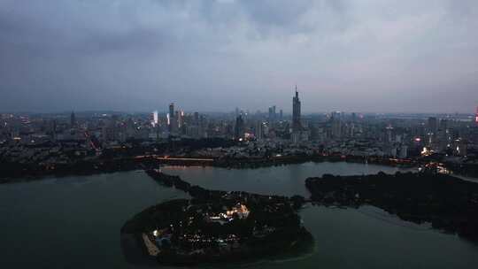 江苏南京夕阳晚霞夜幕降临夜景航拍