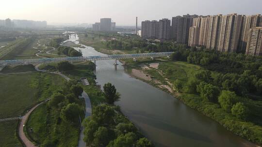 西安灞桥生态湿地公园三河一山灞桥驿视频素材模板下载