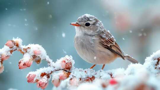 雪中鸟雀栖息于积雪覆盖的花枝上