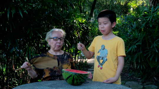 炎热夏天树下乘凉 老奶奶和孙子一起吃西瓜