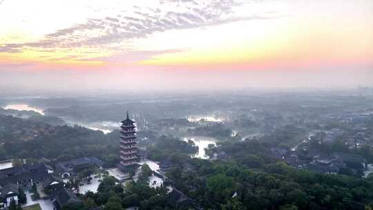 航拍扬州大明寺栖灵塔清晨朝阳云霞云雾云海