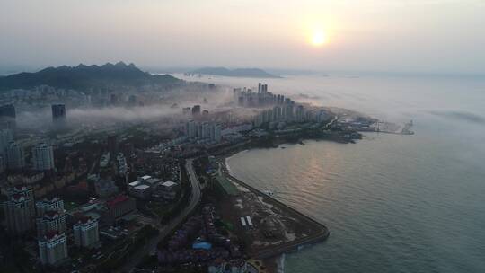 航拍青岛城市平流雾