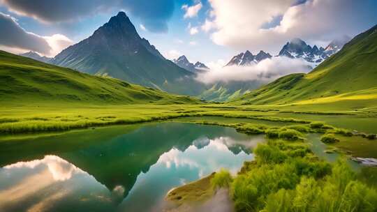 山间草地湖泊自然风光