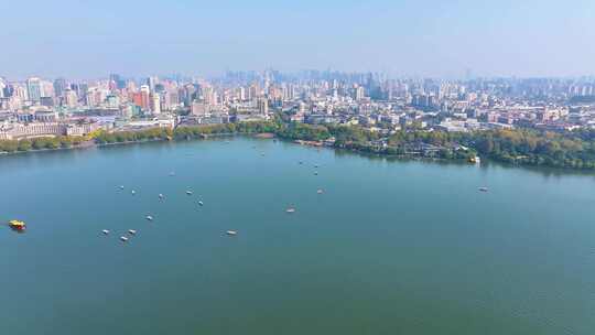 浙江杭州西湖景区大景全景游船船舶航拍风景