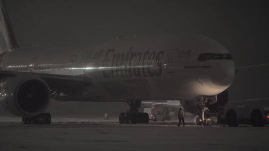拖拉机在多莫杰多沃机场拉动阿联酋航空公司的飞机