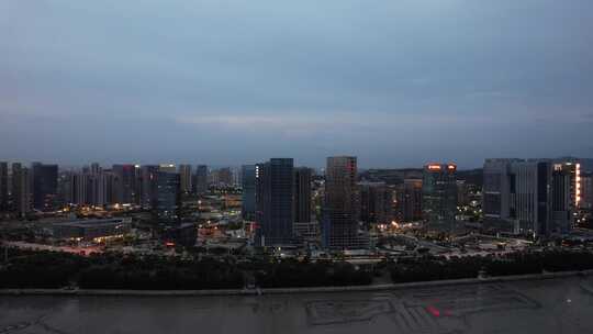 福建泉州东海新区CBD高楼建筑夜幕降临航拍