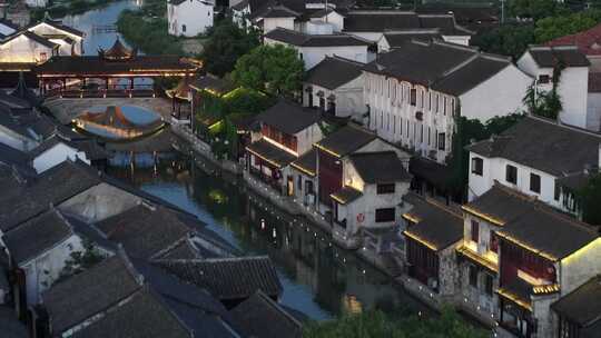 阳澄湖畔昆曲小镇巴城夜景（航拍素材）