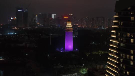 4K厦门五通码头高楼灯塔夜景城市航拍