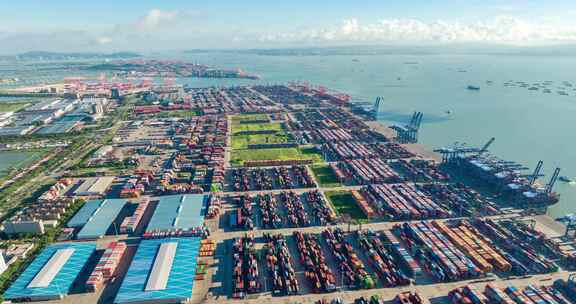 4k广州南沙港货运集装箱码头日出航拍延时