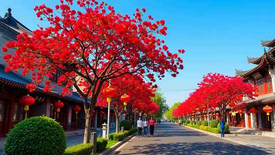 古街道盛开的红色繁花景象