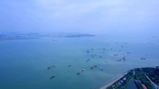 广州南沙天后宫与海湾港口航拍海景风光