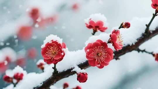 雪中盛开的红梅特写素材
