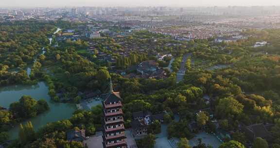 江苏省扬州市瘦西湖大明寺夕阳风光航拍素材