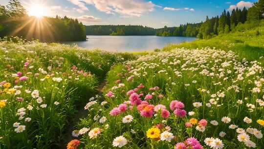 湖畔花海阳光风景