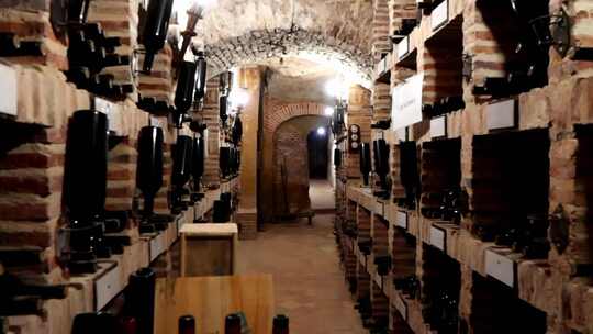 酿酒地窖里的酒桶地窖里的红葡萄酒桶酒窖酿视频素材模板下载
