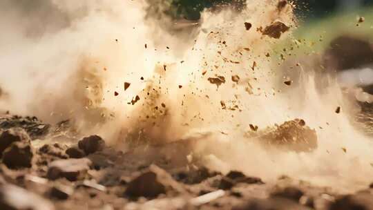尘土飞扬的爆破瞬间碎石飞溅的冲击波