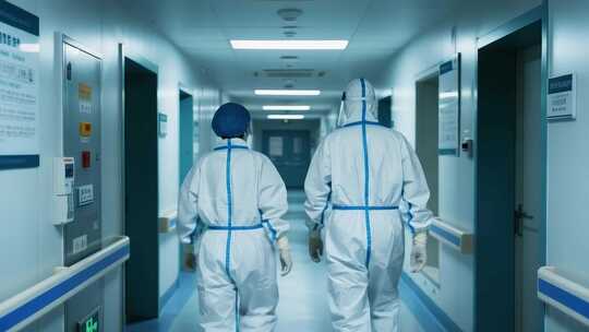 医院走廊医护人员穿防护服行走