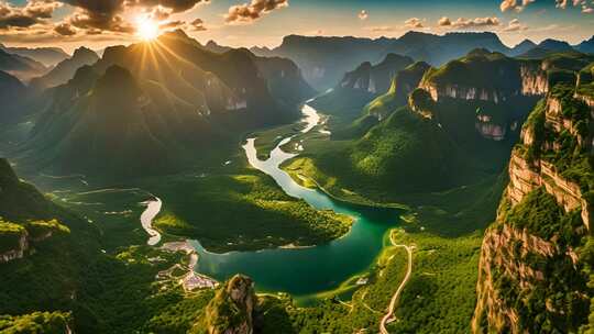 山间河流日出全景