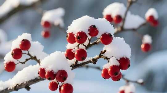 覆雪红色果实特写