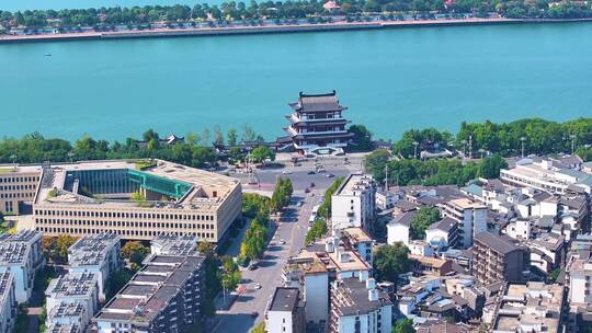 湖南长沙湘江杜甫江阁茶馆航拍城市地标风景