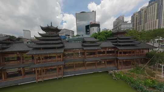 航拍广西首府南宁民歌湖风雨桥穿越机fpv