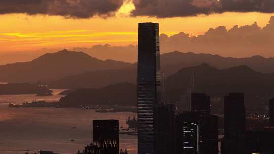 香港西九龙地标建筑日落剪影航拍