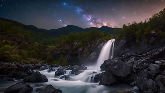 山间瀑布夜景星空