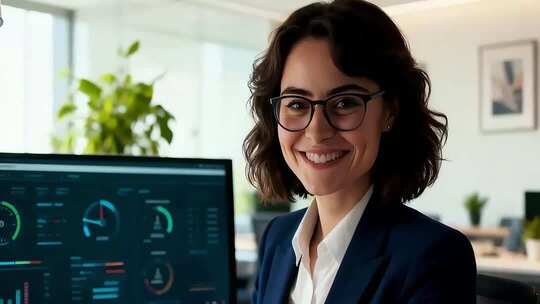 办公室女商人看电脑画面